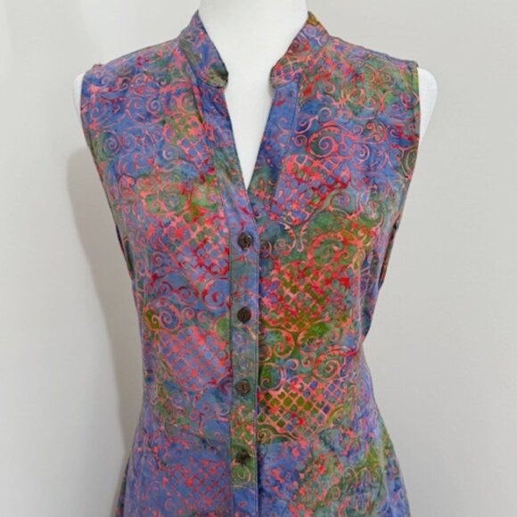 Go Fish Batik Style Sleeveless Button Front Dress Tie Back Multicolor Boho Small - Picture 2 of 6